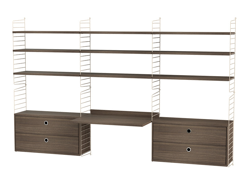 String Furniture Workspace Bundle W F in Walnut shelves and beige panels