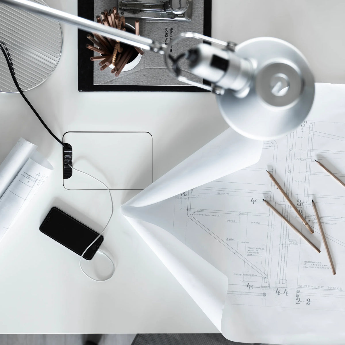 String Furniture Works white laminate desktop in use; frame and accessories sold separately