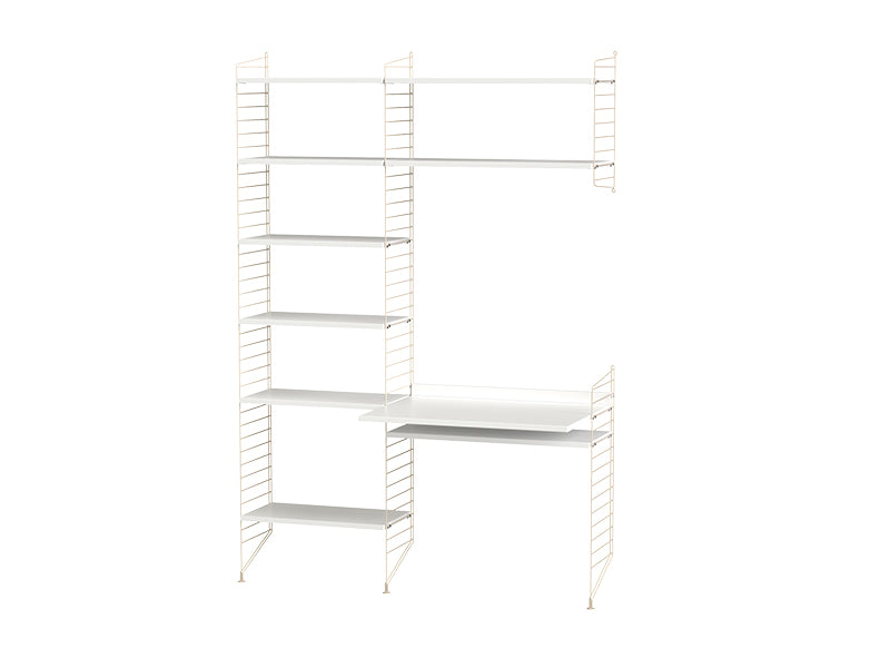 String Furniture Workspace Bundle W G in White shelves and beige panels