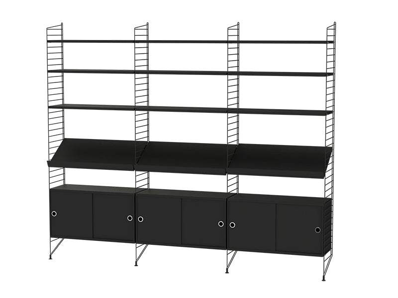 String Furniture Living Room Bundle L G in Black stained ash shelves and black panels