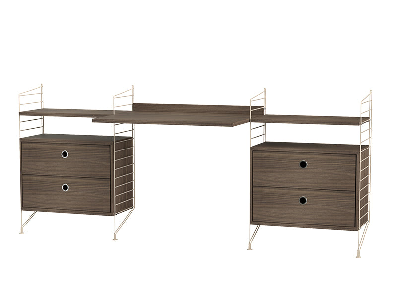 String Furniture Workspace Bundle W C in Walnut shelves and beige panels