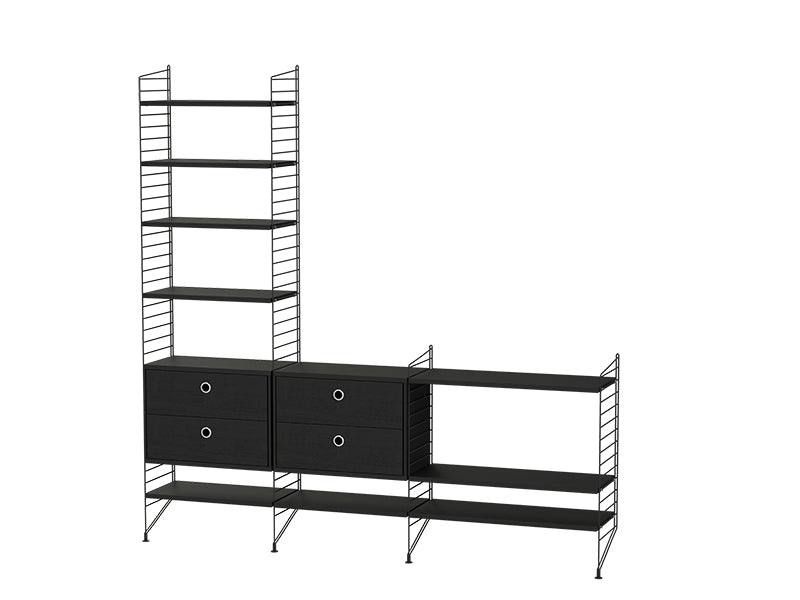 String Furniture Living Room Bundle L J in Black stained ash shelves and black panels
