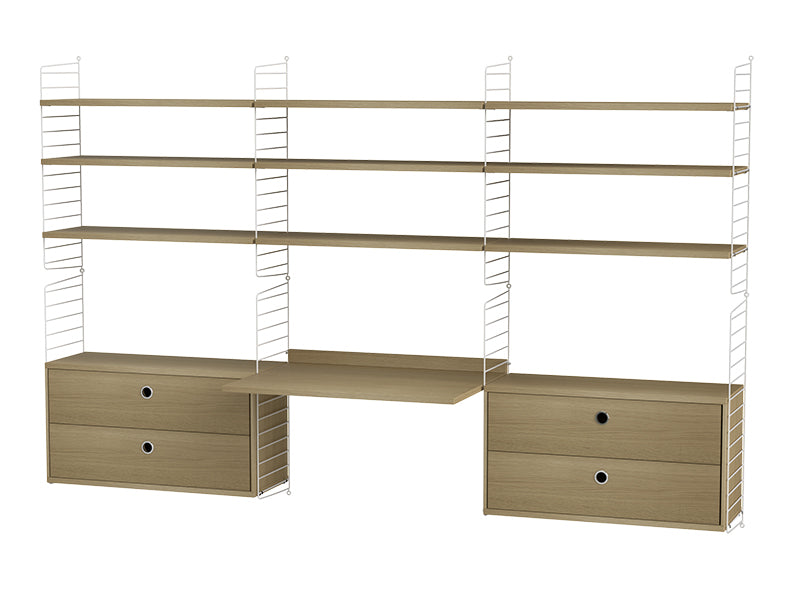String Furniture Workspace Bundle W F in Oak shelves and white panels