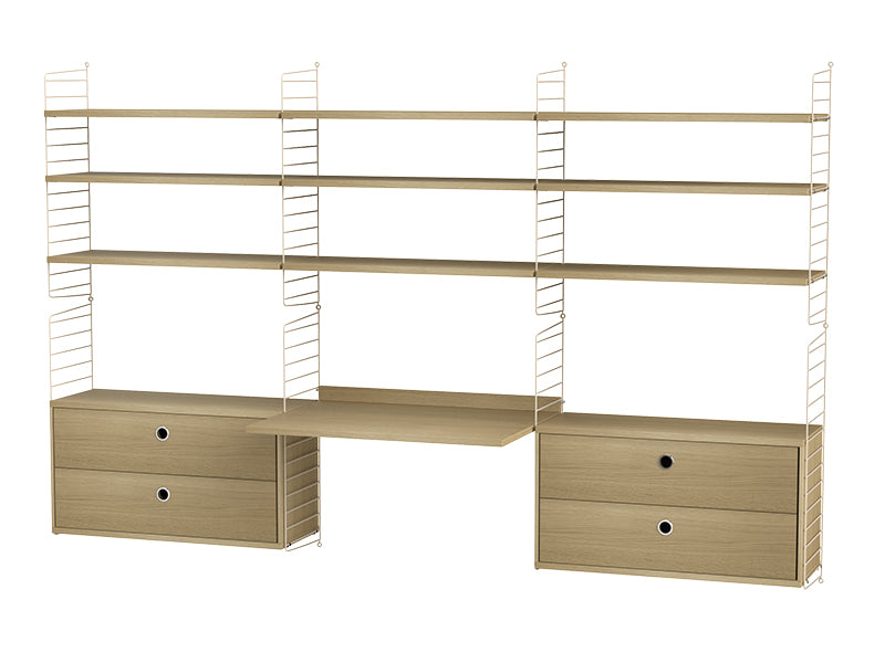 String Furniture Workspace Bundle W F in Oak shelves and beige panels