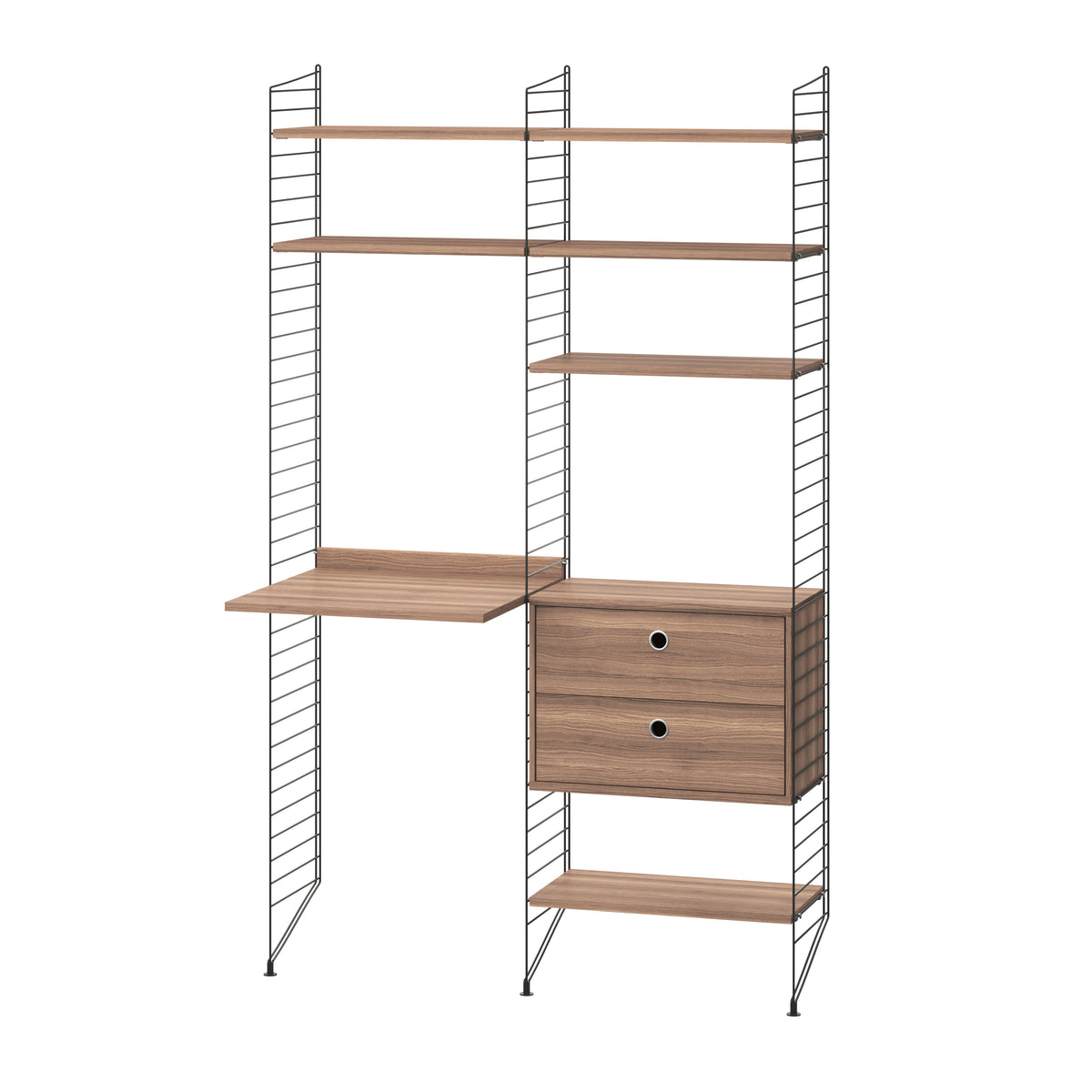 String Furniture Workspace Bundle W K in Walnut shelves and Black panels