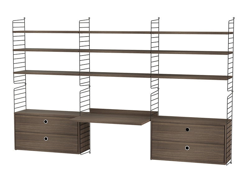 String Furniture Workspace Bundle W F in Walnut shelves and black panels