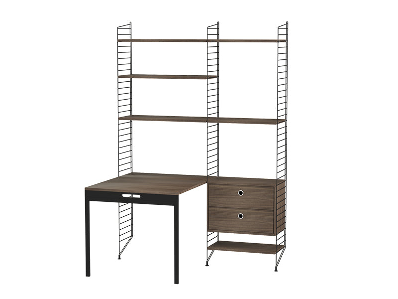 String Furniture Workspace Bundle W E in Walnut shelves and black panels
