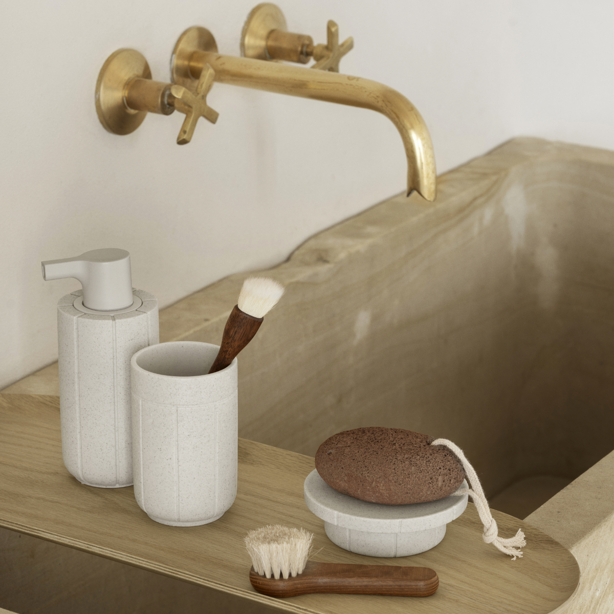 Blomus Kua Bathroom Soap Dispenser - Recycled Polyresin Manual Soap Pump - Modern Organic