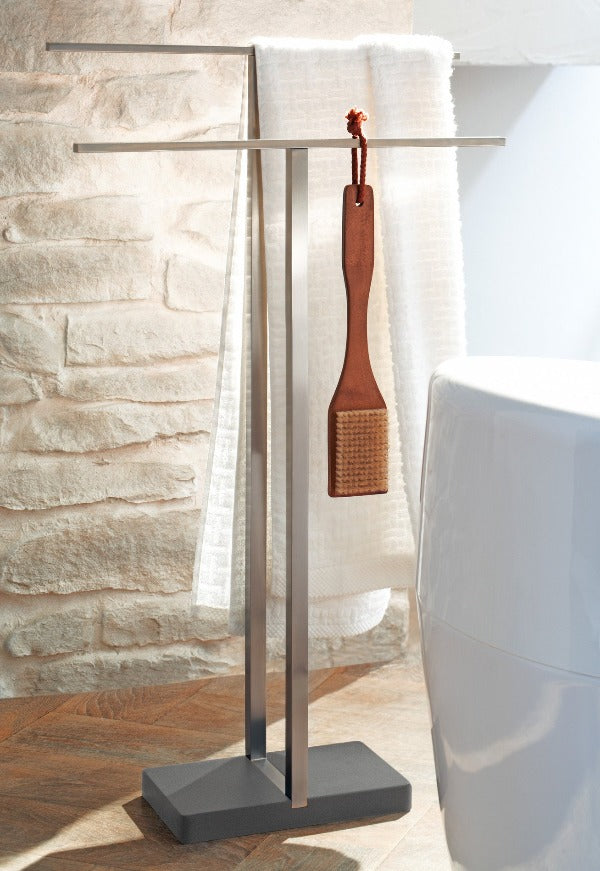 Blomus Menoto Modern Freestanding Towel Rack with Heavy Polystone Base - Brushed Stainless