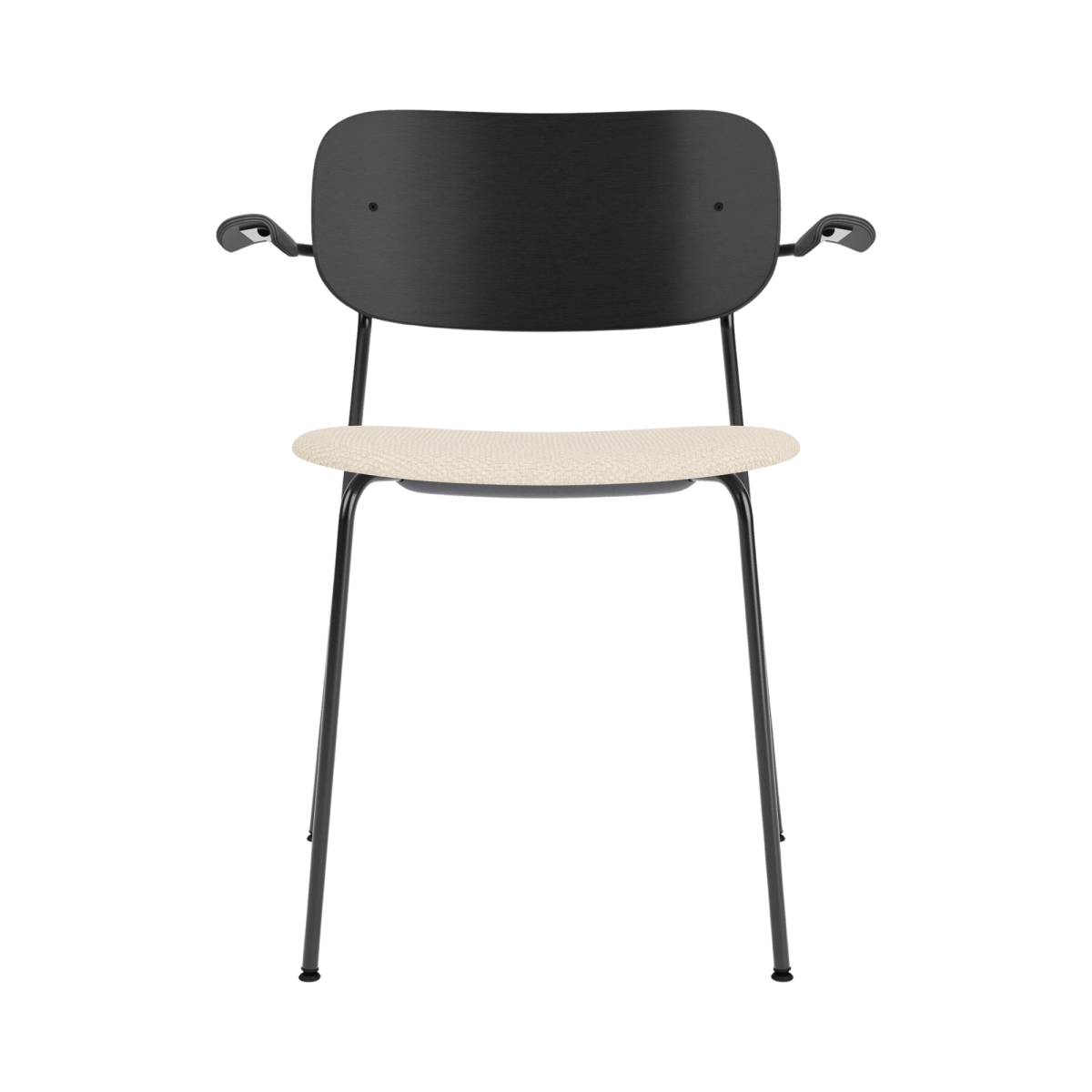 Audo Co Dining Chair, With Arms, Partially Upholstered – Black Steel / Black Oak / Logan Jasmine