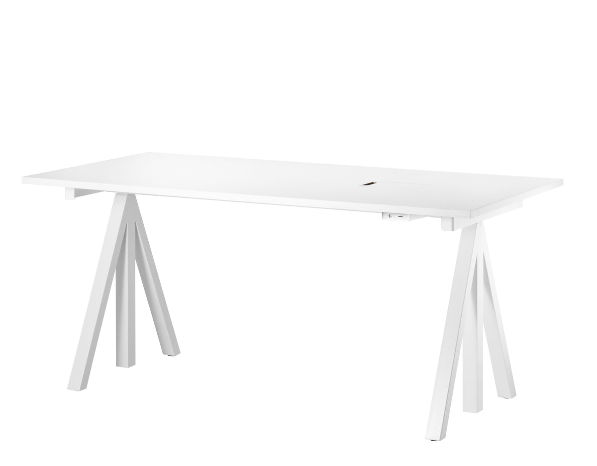 String Furniture Height Adjustable Work Desk Bundle in Desktop in white laminate and height-adjustable table frame in white, 160 cm