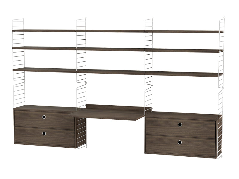 String Furniture Workspace Bundle W F in Walnut shelves and white panels