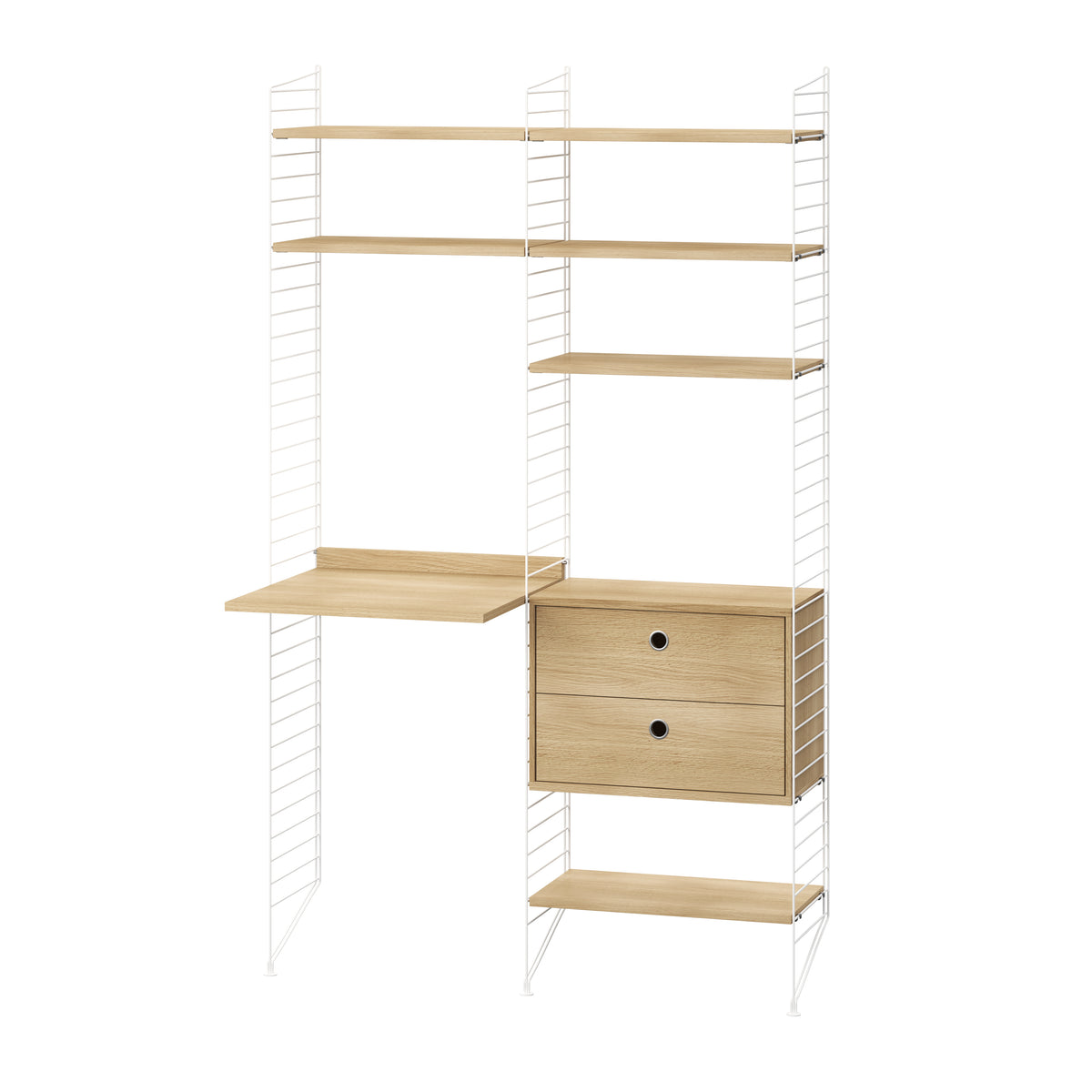 String Furniture Workspace Bundle W K in Oak shelves and White panels