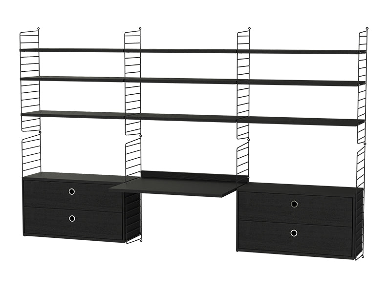 String Furniture Workspace Bundle W F in Black stained ash shelves and black panels