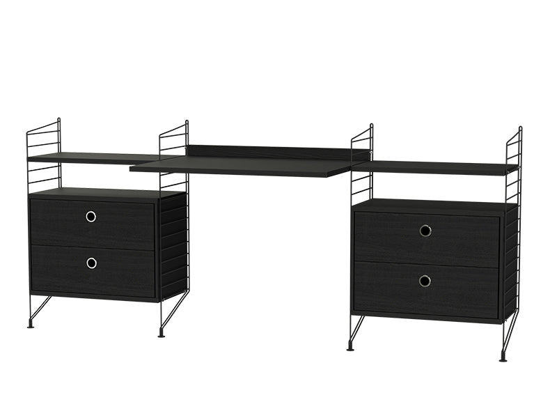 String Furniture Workspace Bundle W C in Black stained ash shelves and black panels