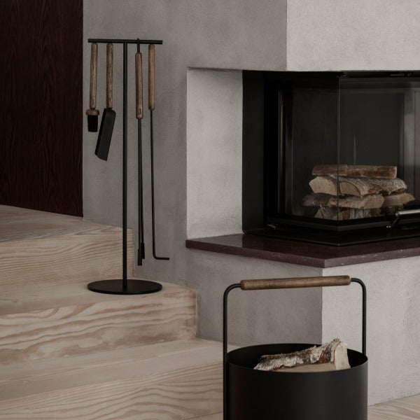 Blomus Ashi Fireplace Tool Set and Stand with Magnetic Attachment - 3-Piece with Wood Accents