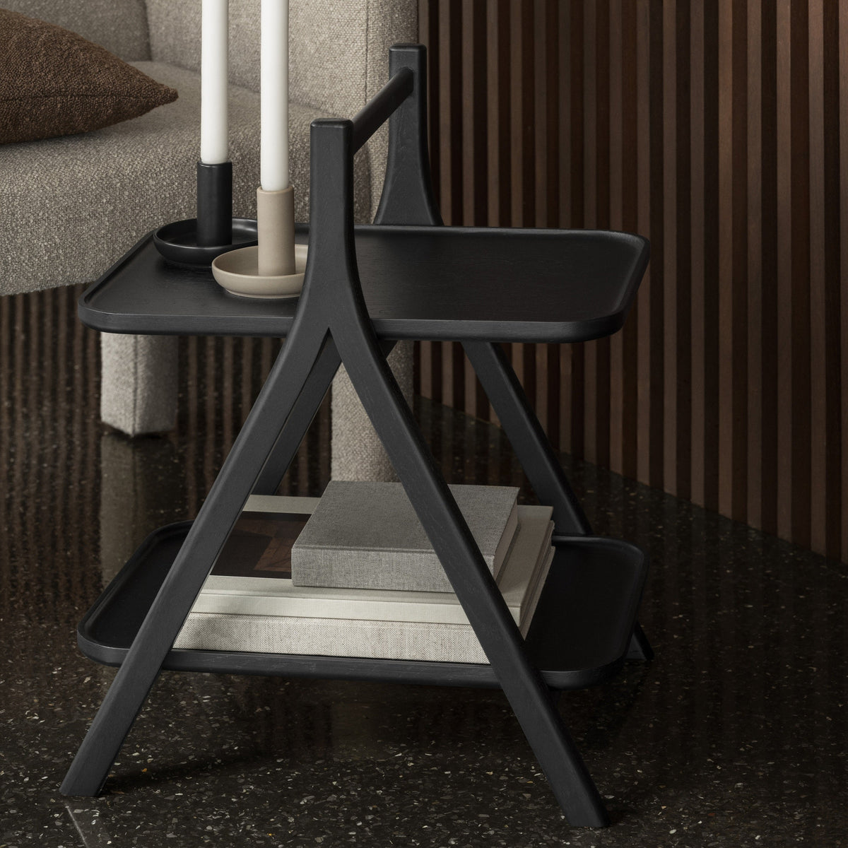 Blomus Eta Oak Side Table with Carrying Handle - 2-Tier Natural Solid Wood