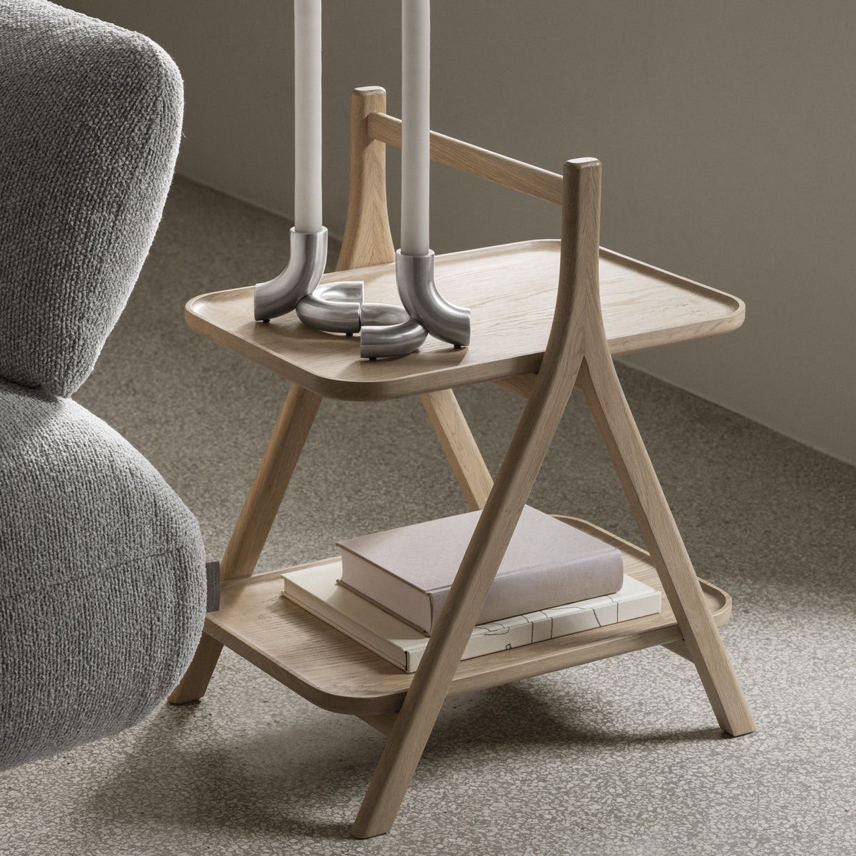 Blomus Eta Oak Side Table with Carrying Handle - 2-Tier Natural Solid Wood