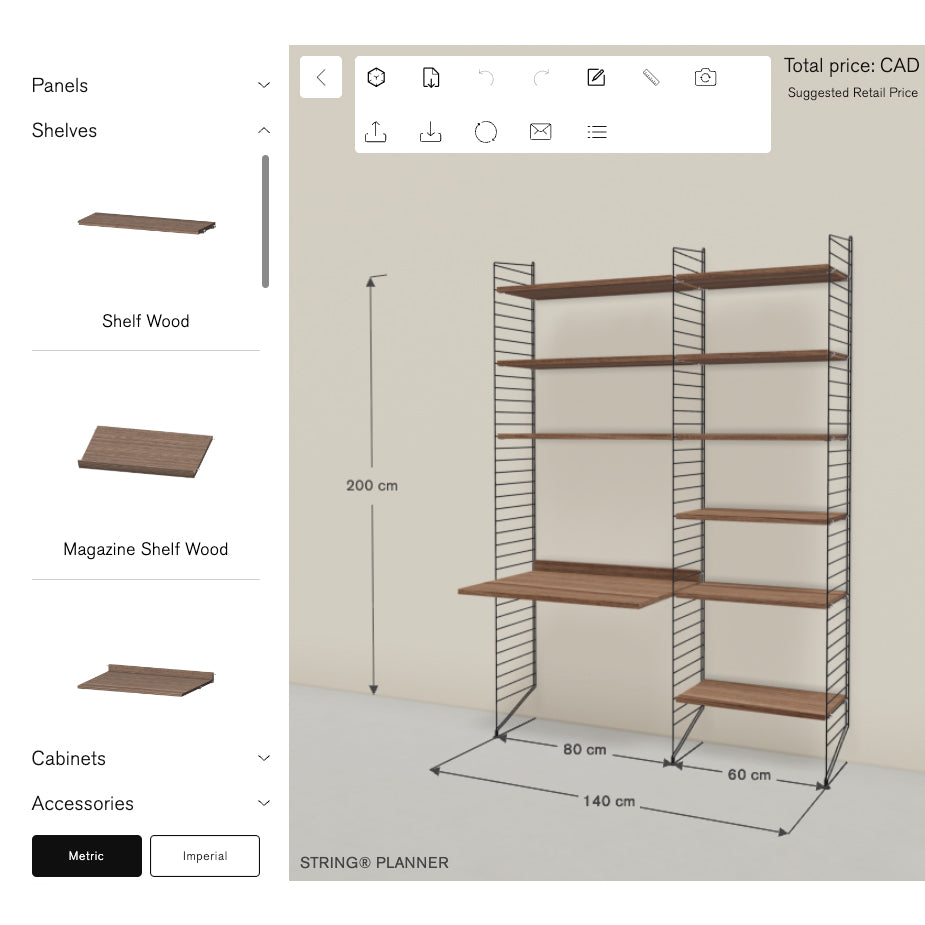 The String Planner with a modular shelving configuration and component menu
