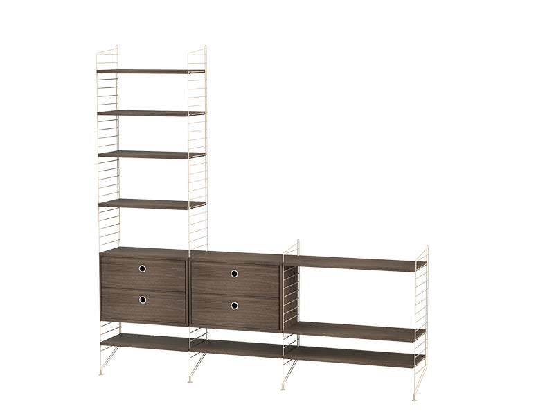 String Furniture Living Room Bundle L J in Walnut shelves and beige panels