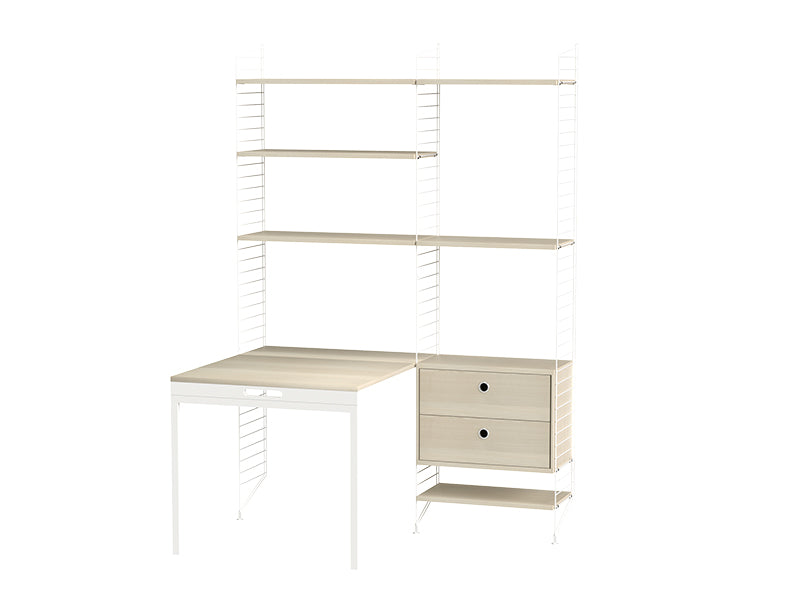 String Furniture Workspace Bundle W E in Ash shelves and white panels
