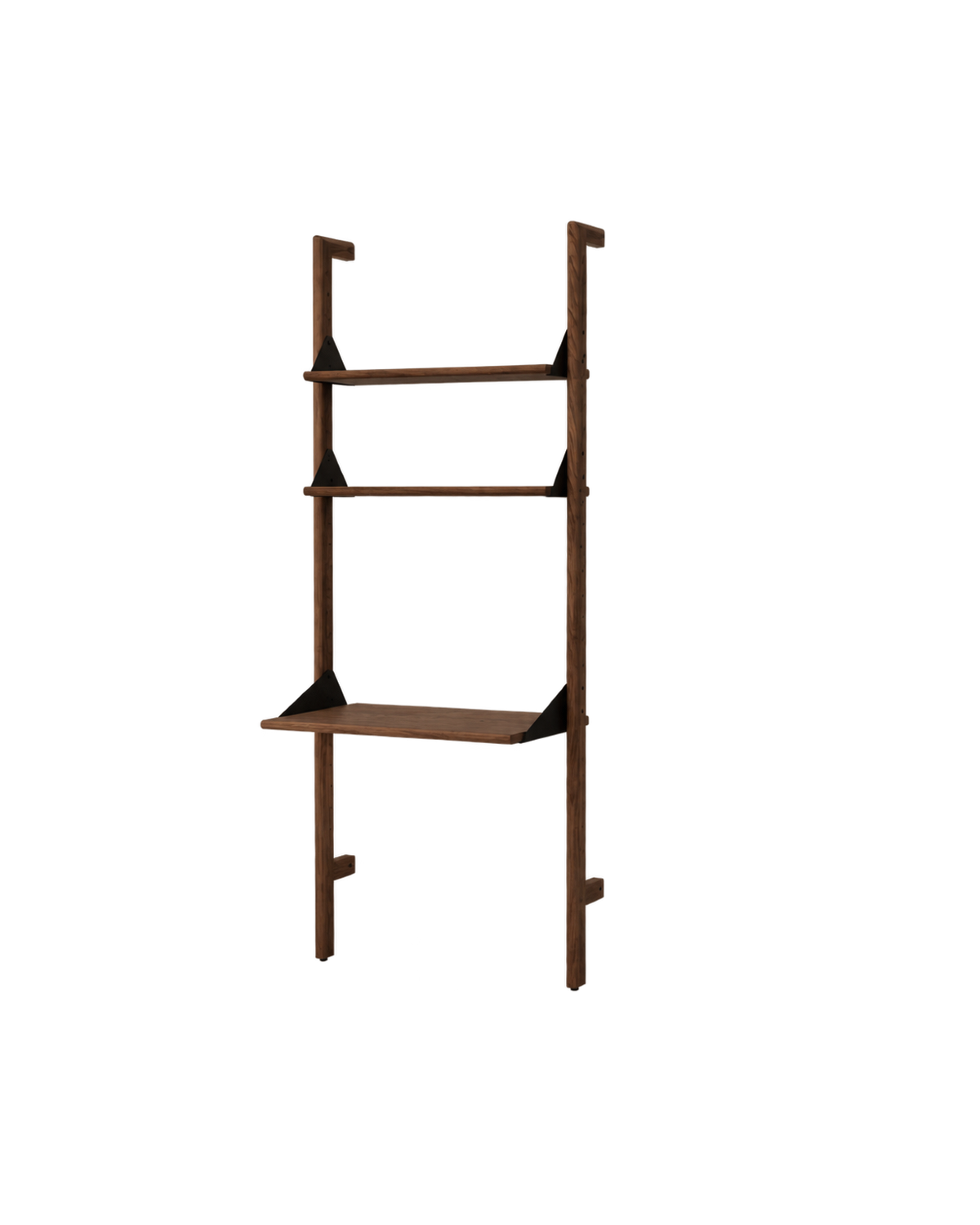 Gus Modern Branch-1 Shelving Unit with Desk - Walnut Uprights - Black Brackets - Walnut Shelves