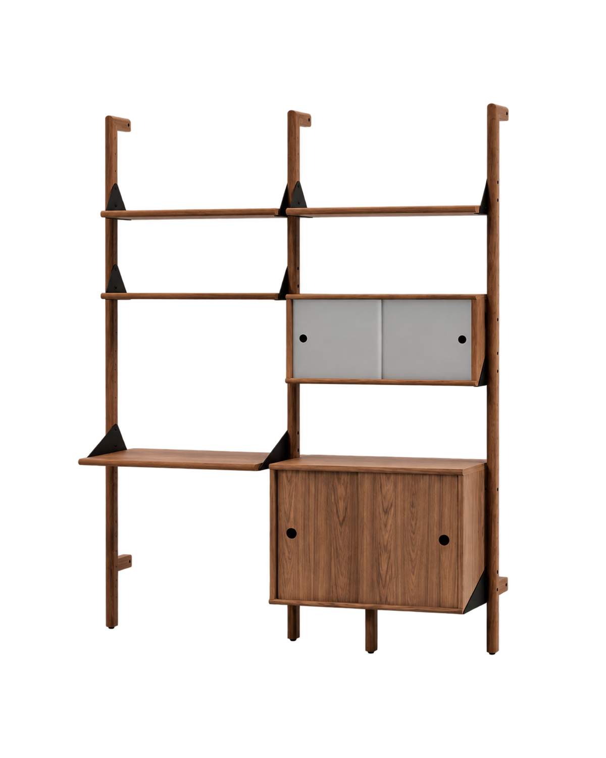 Gus Modern Branch-2 Multi Storage Unit with Desk - Walnut Uprights / Black Brackets / Walnut Shelves