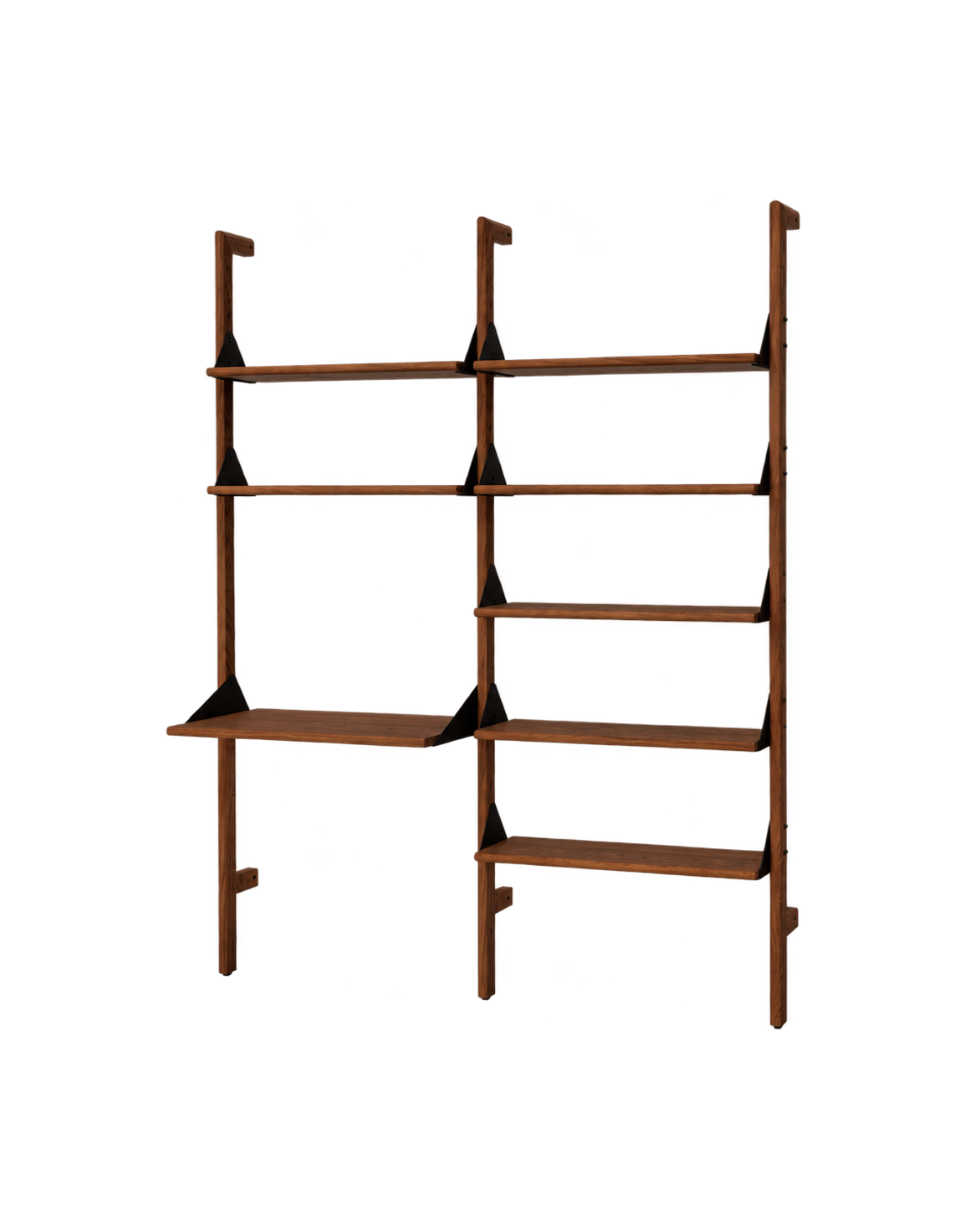 Gus Modern Branch-2 Shelving Unit with Desk - Walnut Uprights - Black Brackets - Walnut Shelves