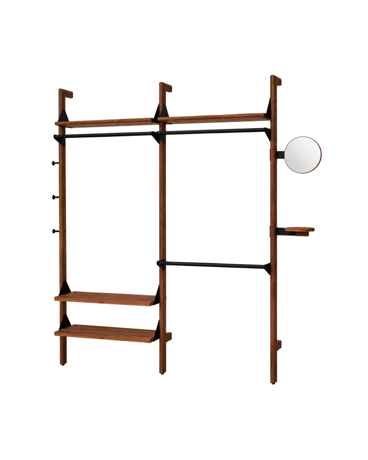 Gus Modern Branch-2 Wardrobe Unit - Walnut Uprights - Black Brackets - Walnut Shelves