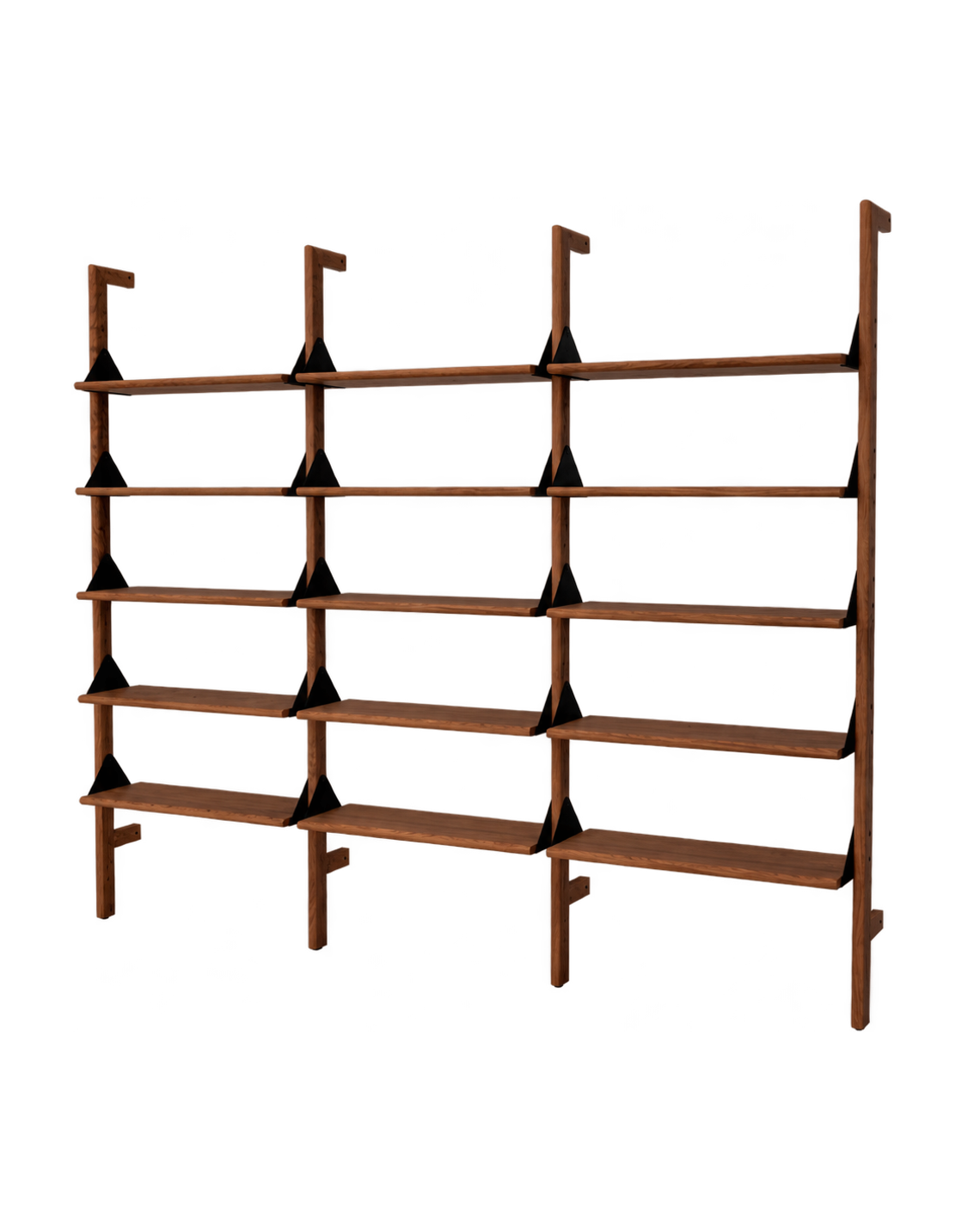 Gus Modern Branch-3 Shelving Unit - Walnut Uprights - Black Brackets - Walnut Shelves