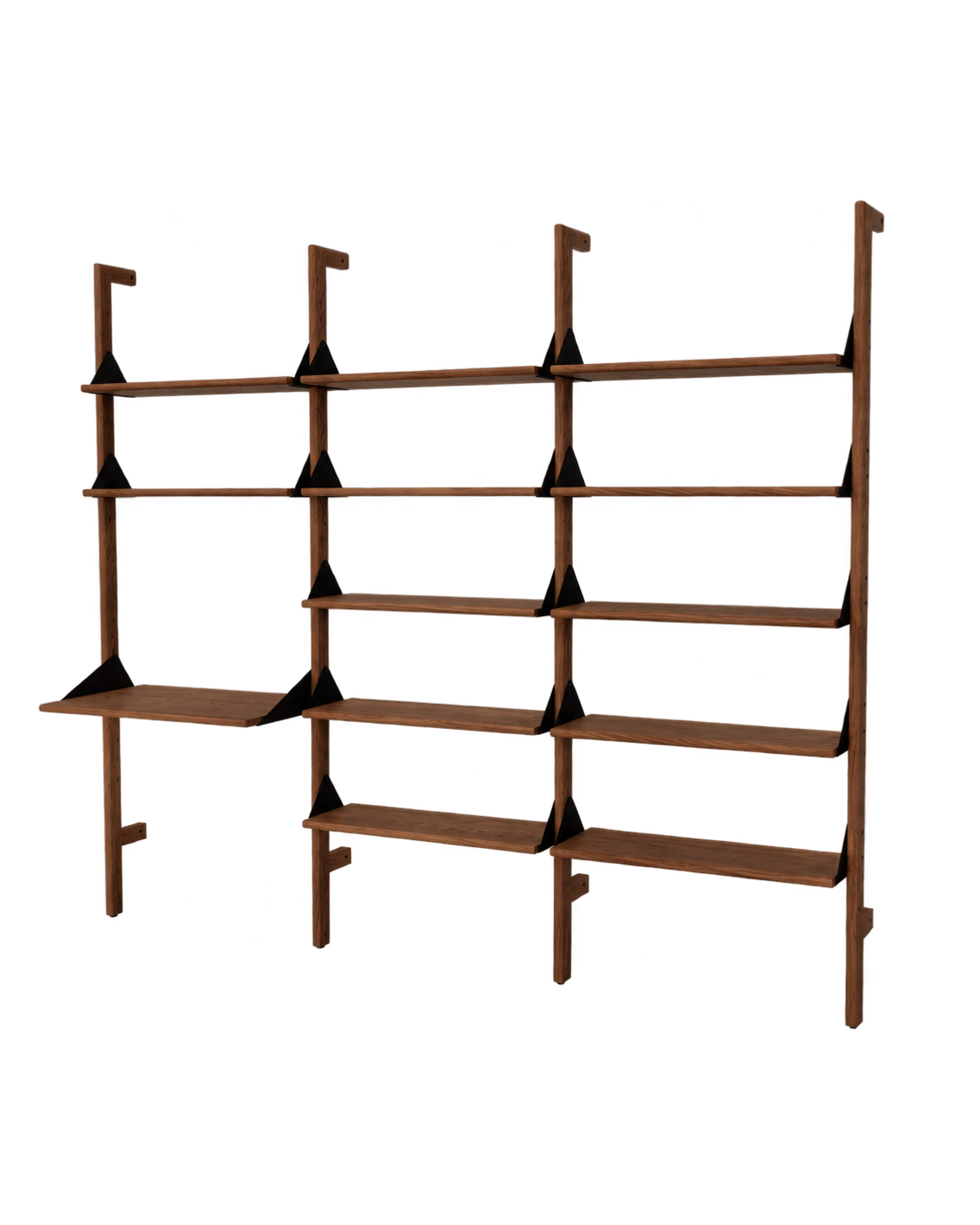 Gus Modern Branch-3 Shelving Unit with Desk - Walnut Uprights - Black Brackets - Walnut Shelves