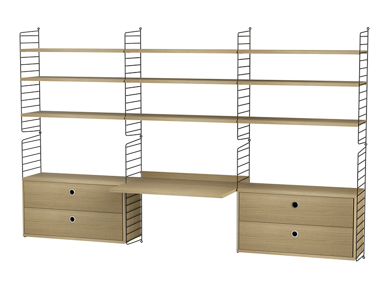 String Furniture Workspace Bundle W F in Oak shelves and black panels