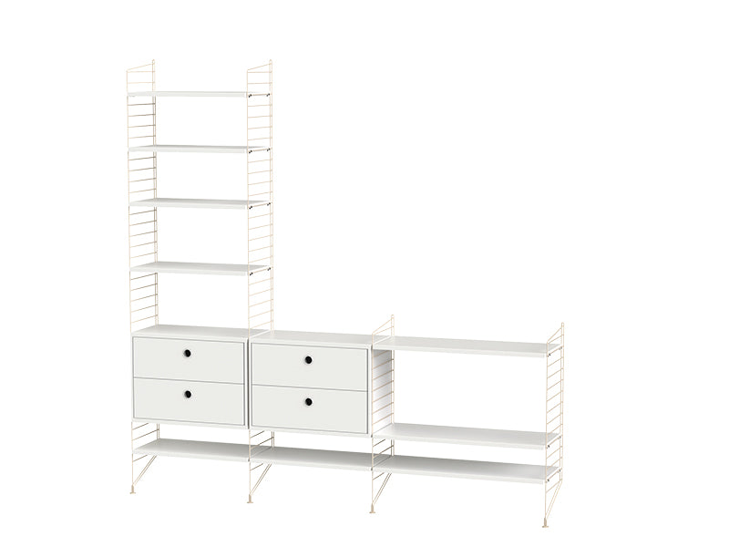 String Furniture Living Room Bundle L J in White shelves and beige panels
