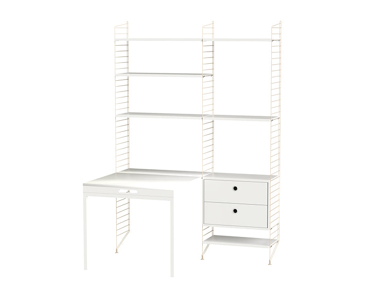 String Furniture Workspace Bundle W E in White shelves and beige panels