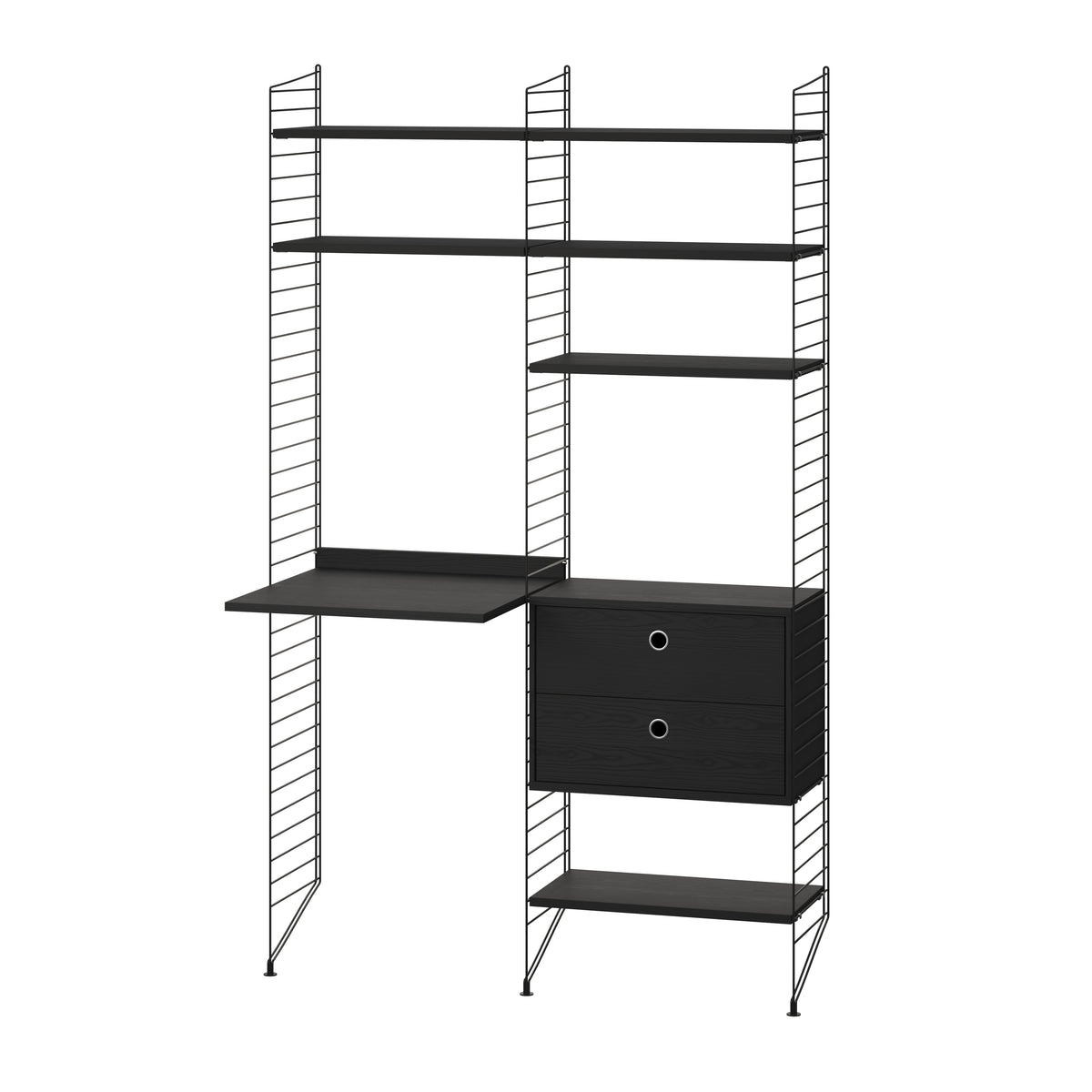 String Furniture Workspace Bundle W K in Black stained ash shelves and Black panels