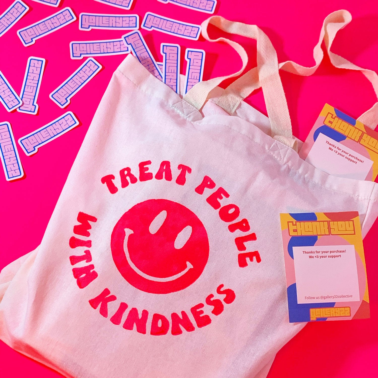 Gallery 22 Treat People with Kindness Tote Bag - Off-White/Fluorescent Pink